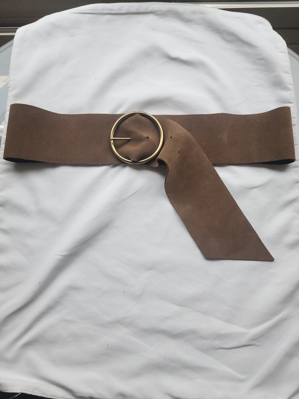 Vintage Boho 3" Wide Brown Suede Waist Belt Gold Round Buckle 44" No Size Tag